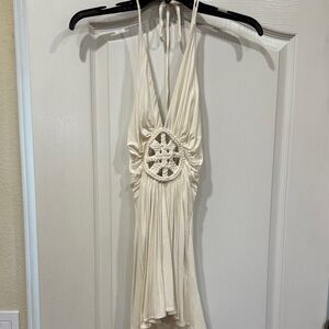 Sky Cream Camisole with Crochet Detail and Faux Leather Lace-up Back